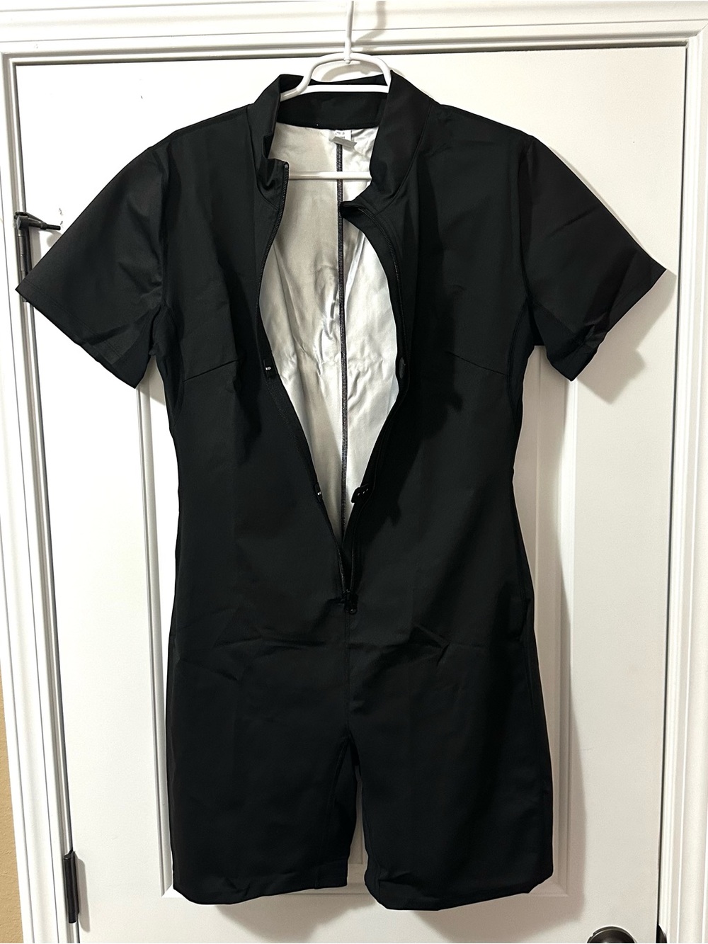 Black Short-Sleeve Zip Front Romper Sauna Suit Waist Trainer Workout Sweat Suit
